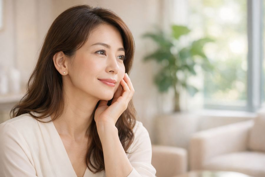 窓辺で自分の顔に手を添える40代女性