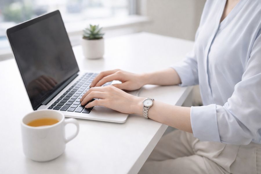 デスクワーク中の正しい姿勢を意識する女性の手元とデスク周り