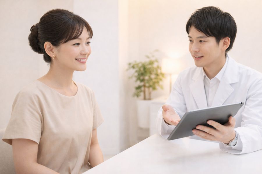 美容クリニックで医師のカウンセリングを受ける女性