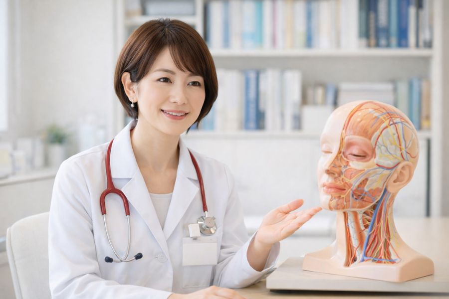 診察室で解剖モデルを前に説明する女性医師