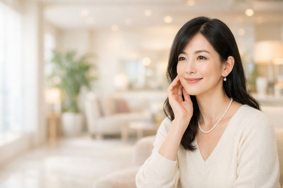 クリニックのラウンジでフェイスラインに手を添えて微笑む日本人女性