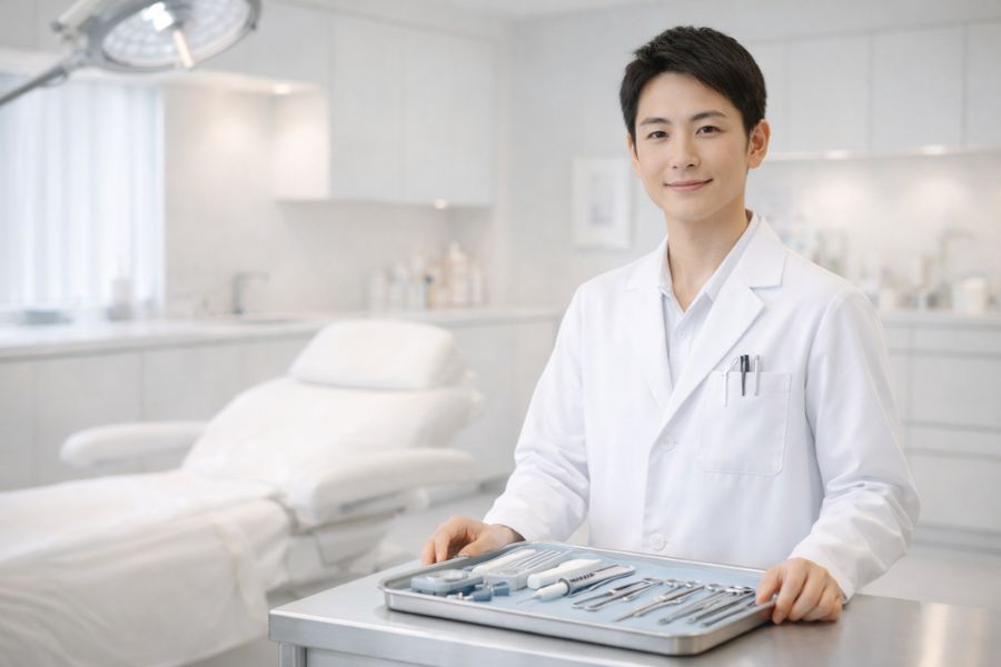 処置室で施術準備をする男性医師