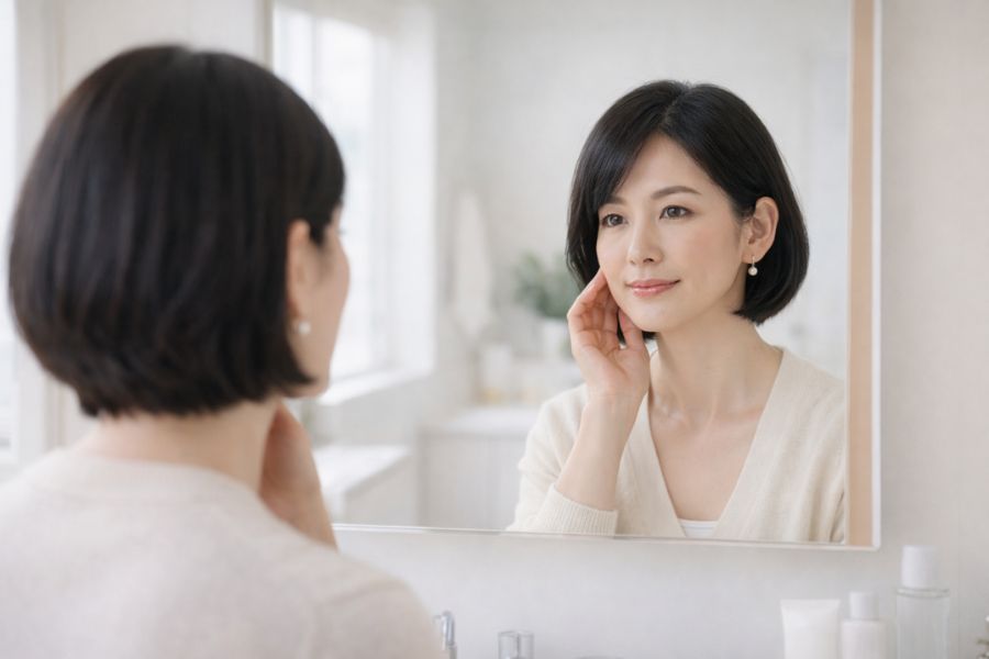 ドレッサーの鏡でフェイスラインを確認する日本人女性
