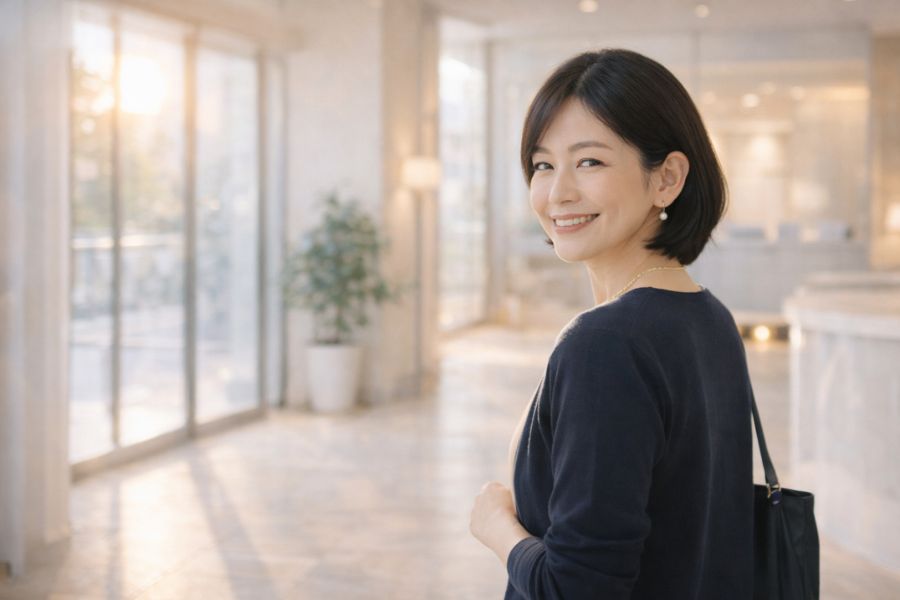 クリニックのロビーで前向きな笑顔を見せる日本人女性