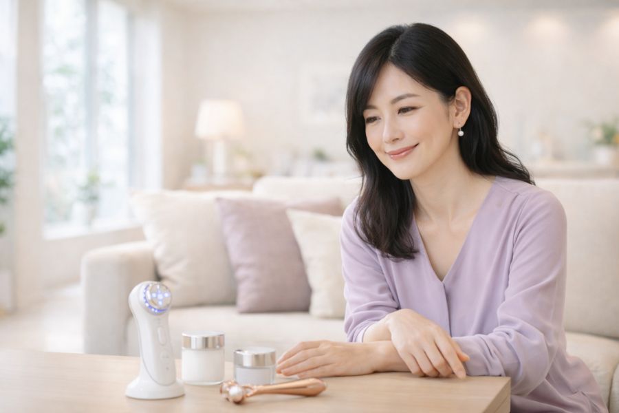 スキンケアアイテムを前にソファで微笑む日本人女性