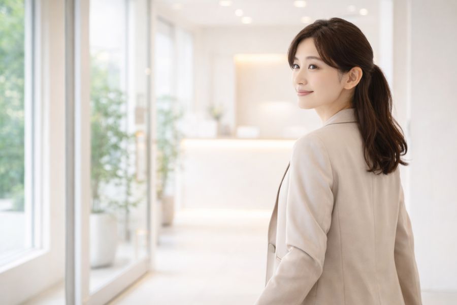 クリニックのエントランスで振り返る女性