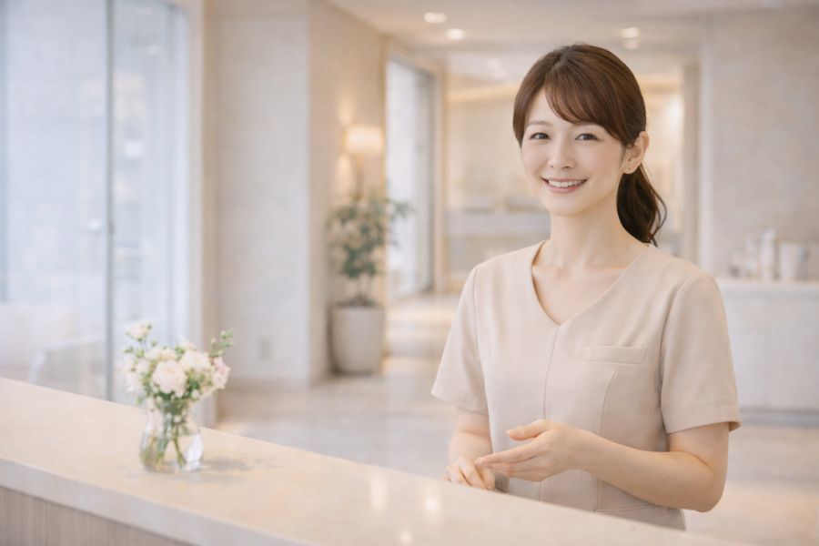 美容クリニックの受付カウンターで笑顔の女性スタッフ