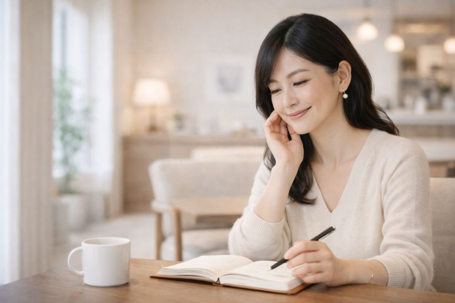 カフェ風の空間で手帳を開いて計画を立てる日本人女性