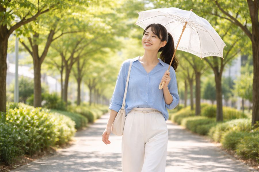 紫外線対策として日傘をさしながら公園を歩く20代女性