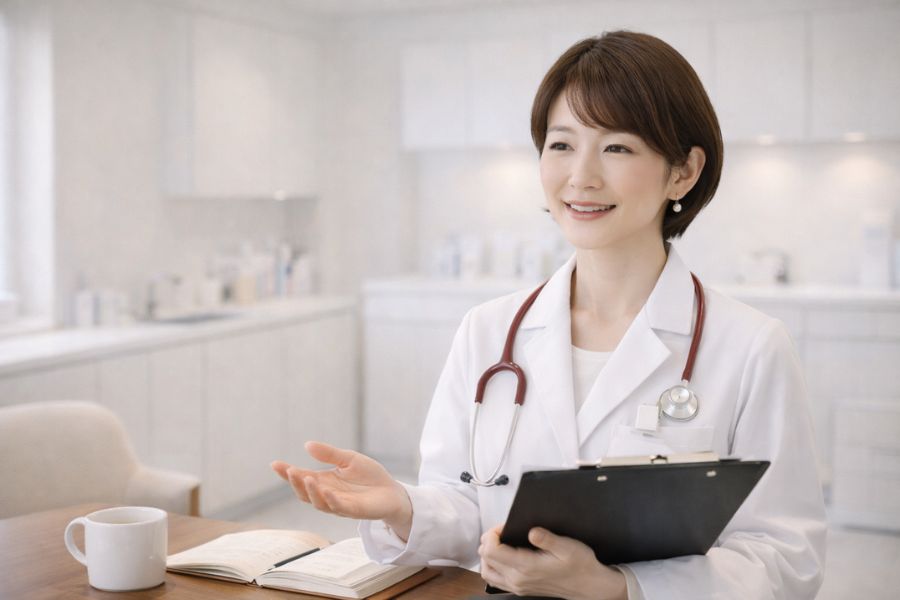 クリップボードを手に説明する女性医師