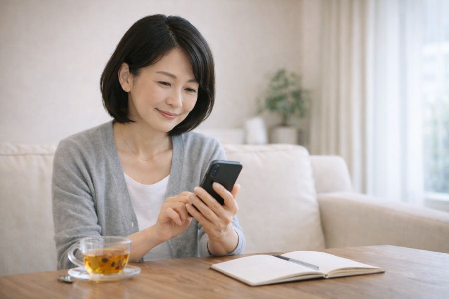 自宅のソファでスマホを見る女性