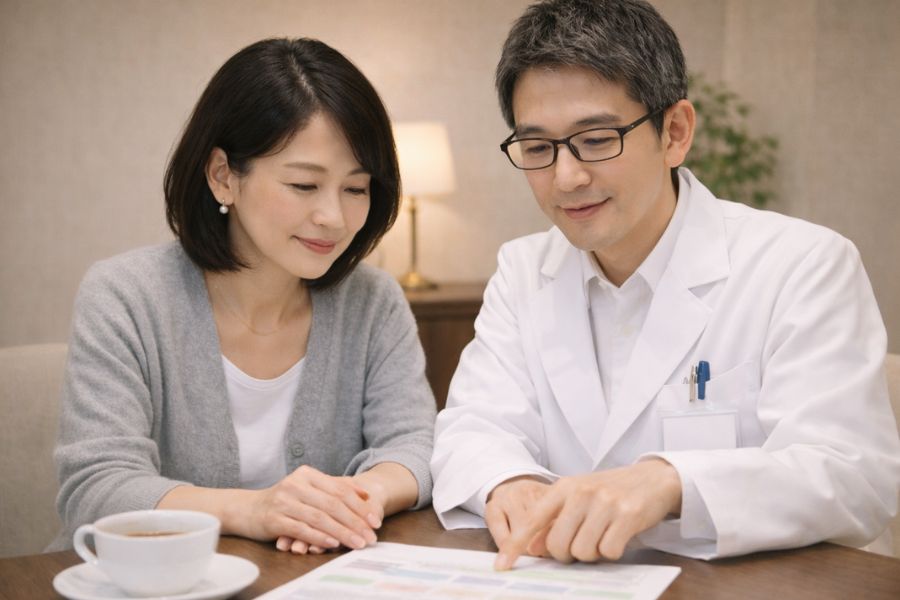 カウンセリングルームで医師と話す女性
