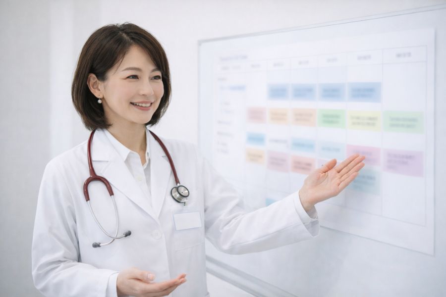 ホワイトボードの前で立って説明する女性医師