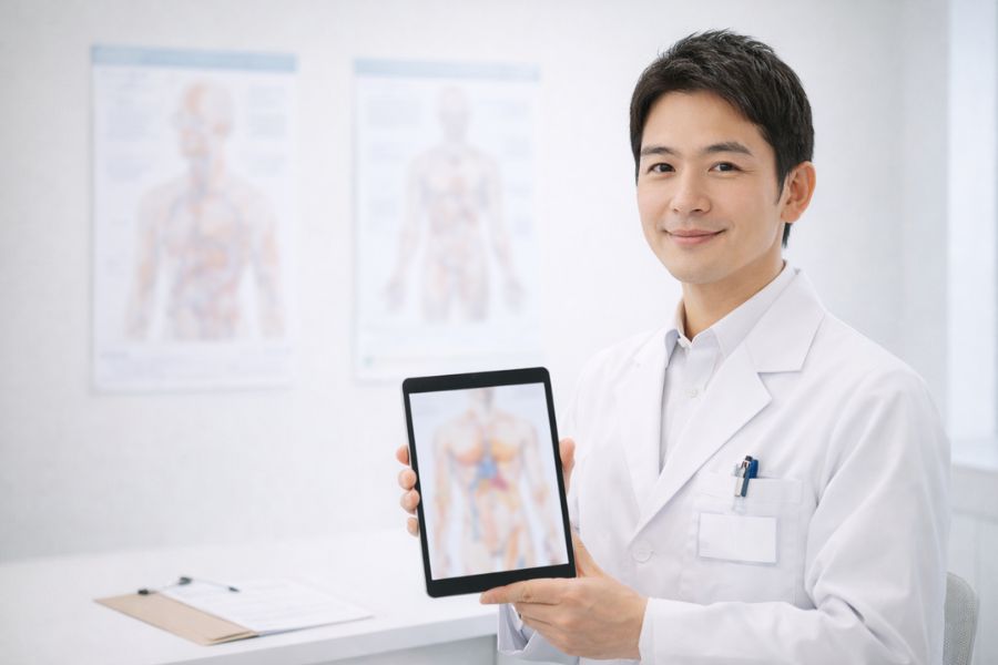 タブレットを持って解説する男性医師