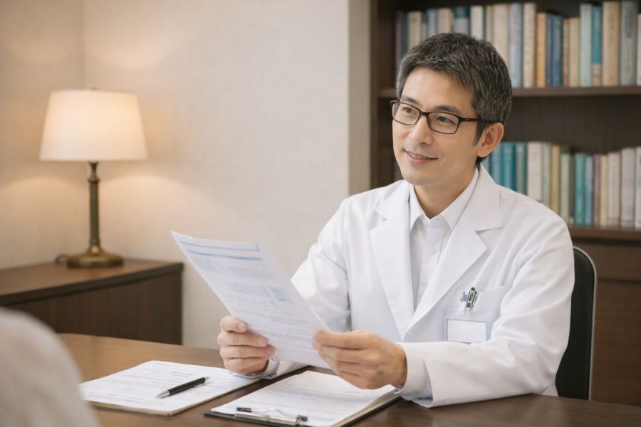資料を手に説明する眼鏡の男性医師