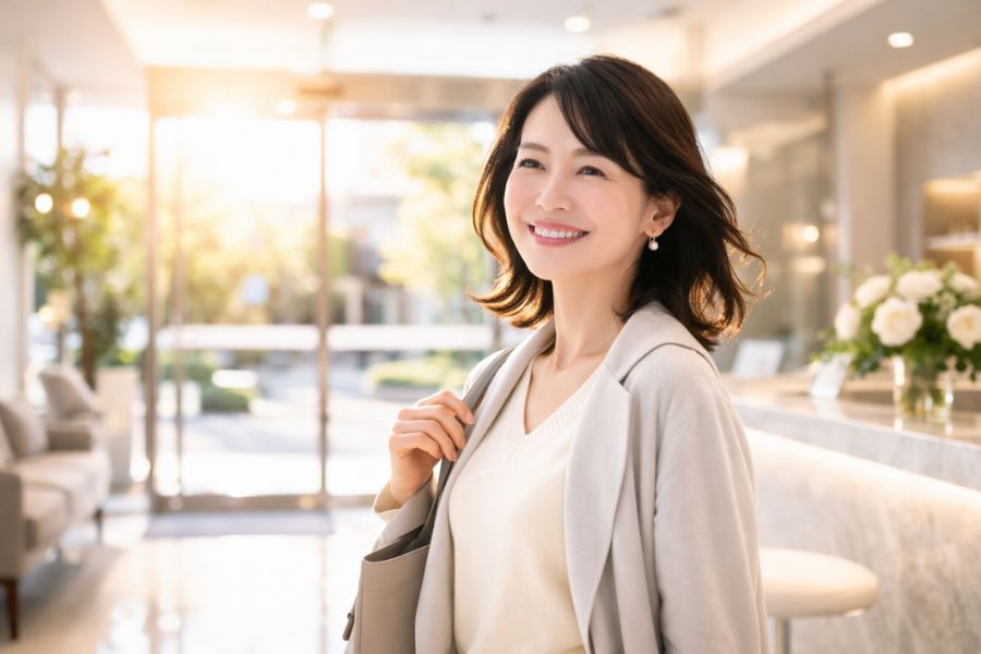 クリニックのエントランスで振り返り笑顔を見せる女性