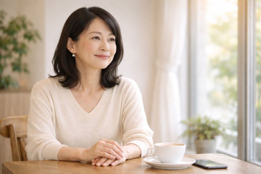 カフェの窓際で穏やかに微笑む女性