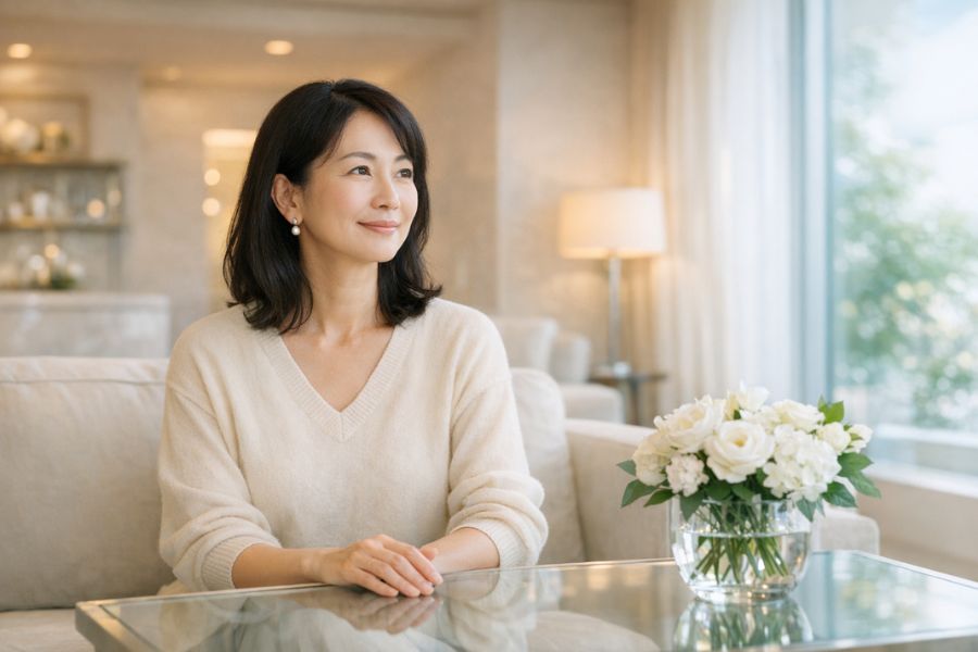 クリニックのラウンジで窓の外を見つめる女性