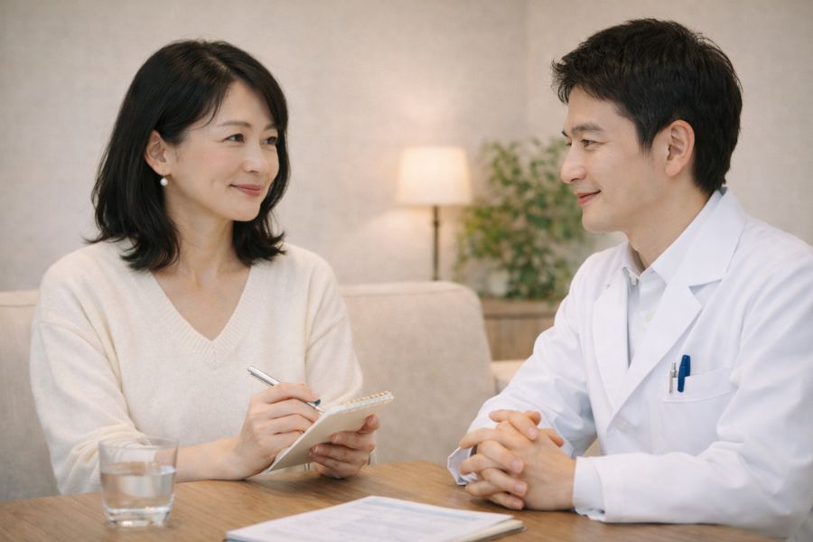 個室で医師と並んで資料を確認する女性