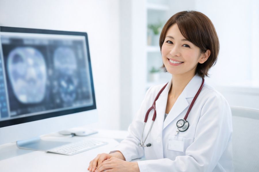 診察室のモニター前で説明する女性医師