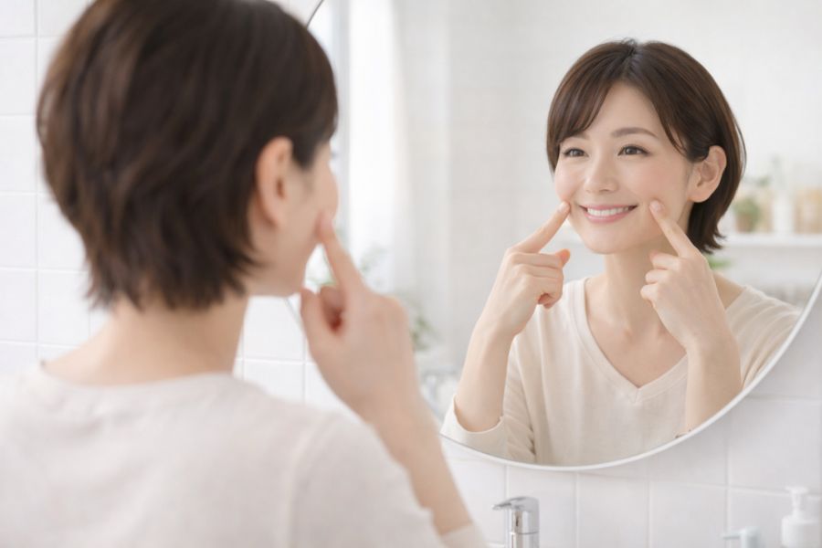 鏡の前で表情筋トレーニングを行う30代女性