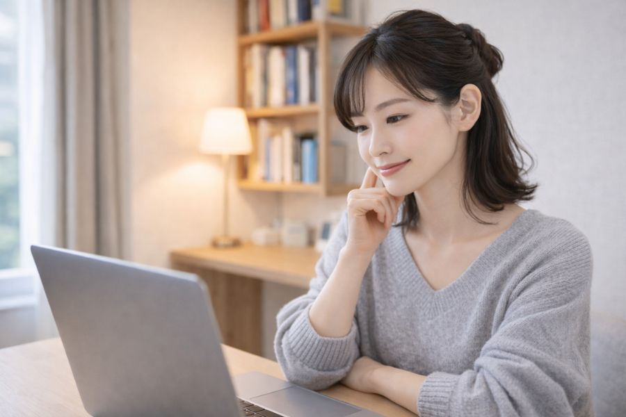 自宅の書斎でマリオネットライン予防について調べる20代女性