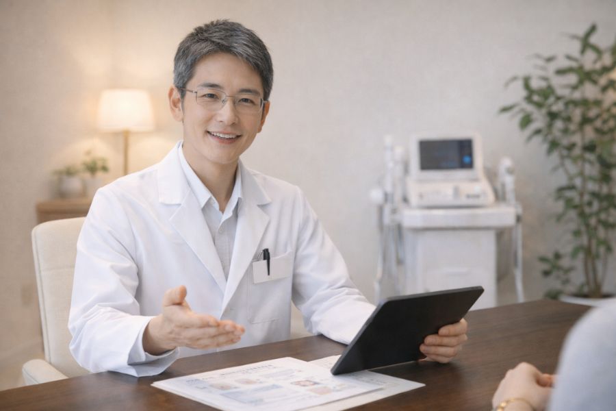 診察室のデスクで資料をもとに説明する眼鏡の男性医師