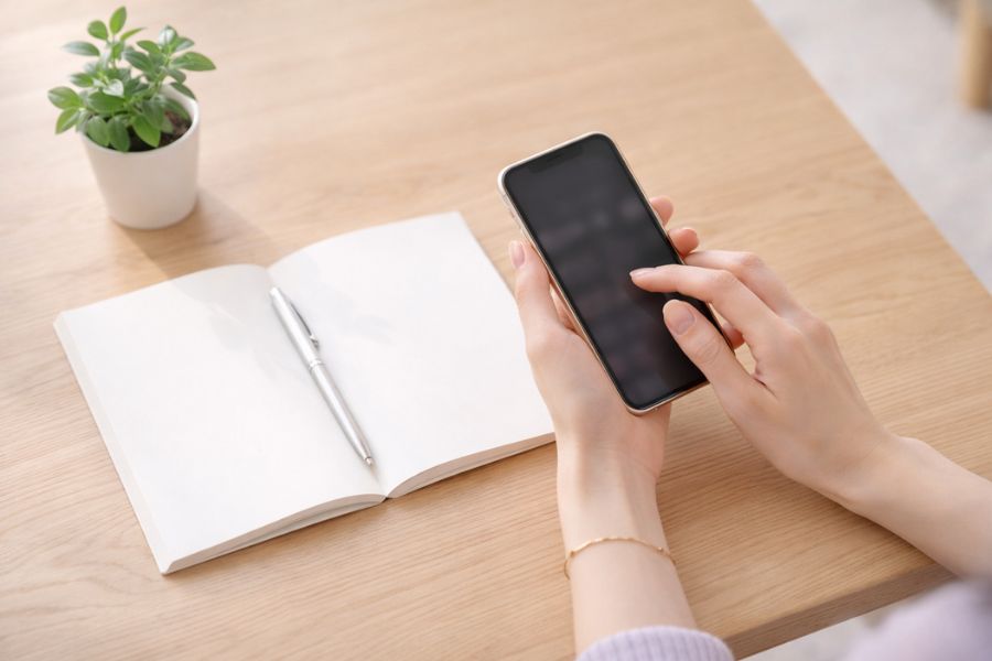 マリオネットラインの原因について美容情報を調べている女性の手元