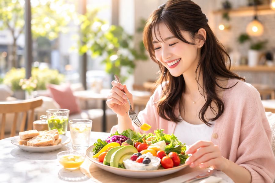 ビタミン豊富なフルーツサラダを楽しむ20代女性