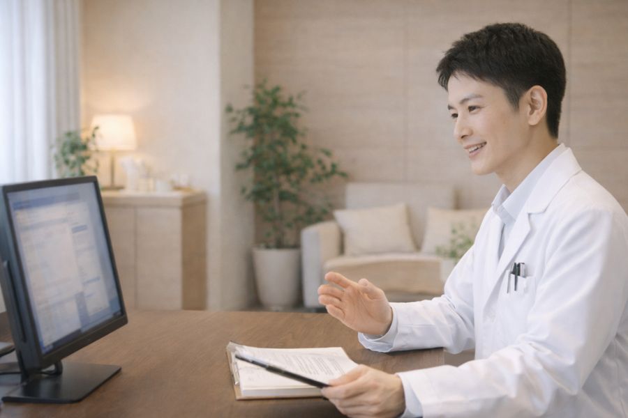 カウンセリングルームで男性医師から説明を受ける日本人女性