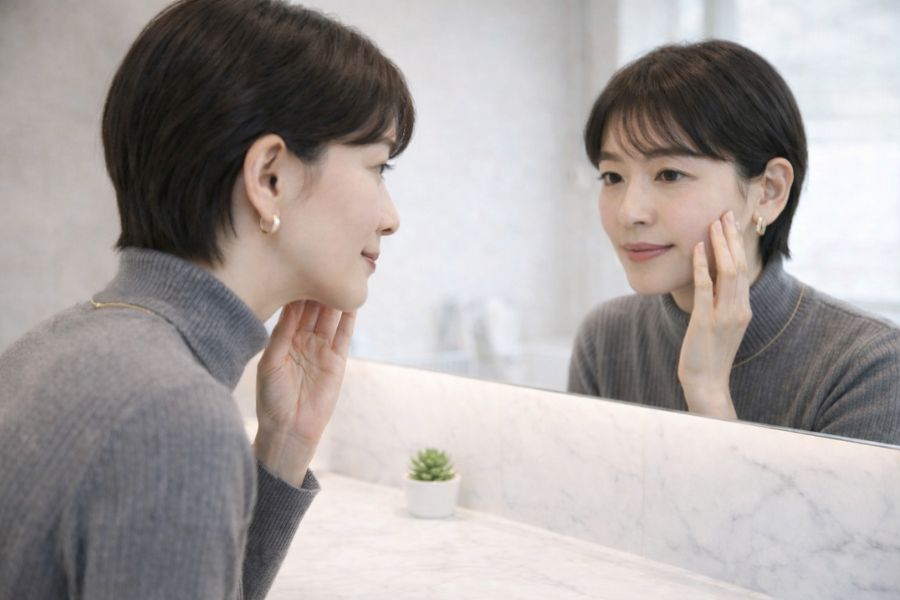 洗面台のスタンドミラーで肌を確認するショートカットの女性