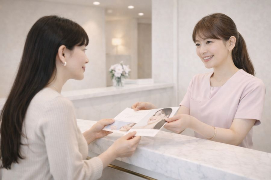 クリニック受付で案内資料を受け取るロングヘアの女性患者とスタッフ