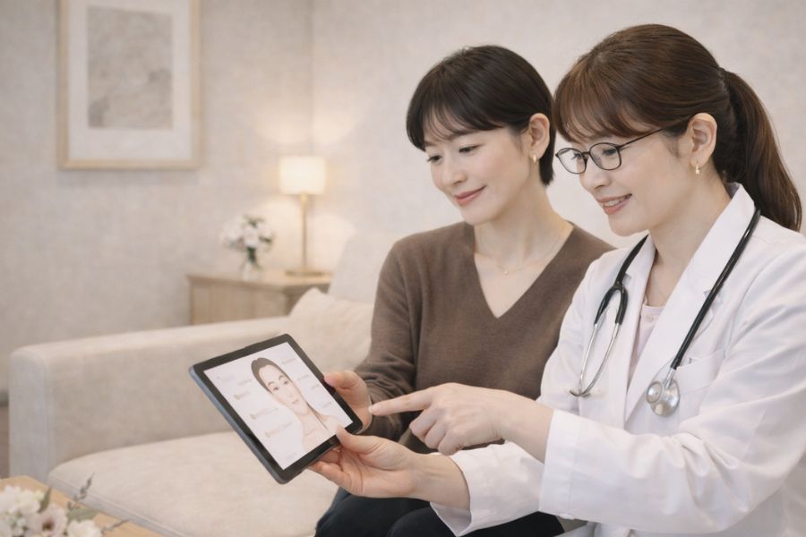ソファで女性医師とタブレットを見ながら相談するショートカットの女性患者