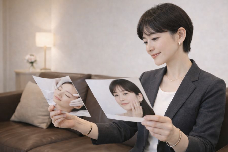 クリニック待合室でパンフレットを見比べるショートカットの女性