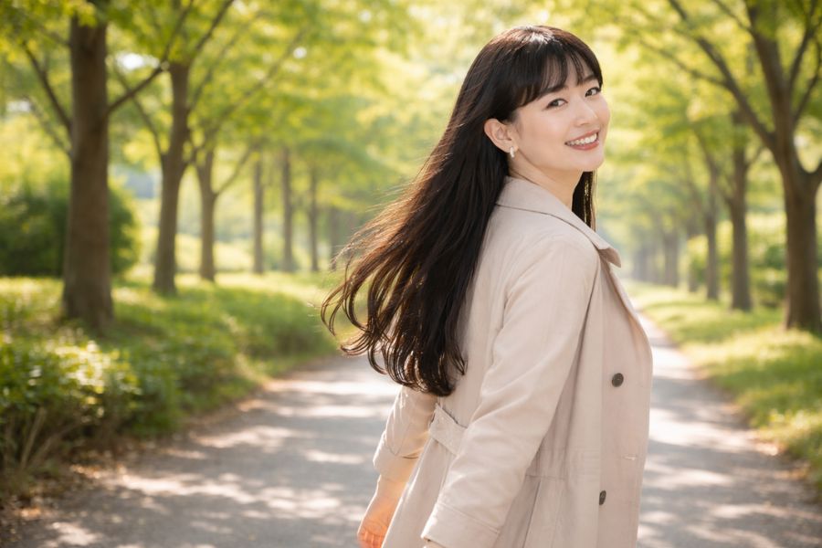 木漏れ日の並木道で振り返り笑顔を見せるロングヘアの女性