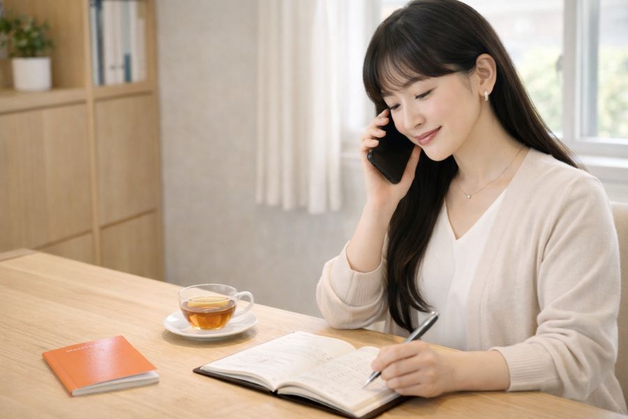 書斎デスクで電話しながらメモを取るロングヘアの女性