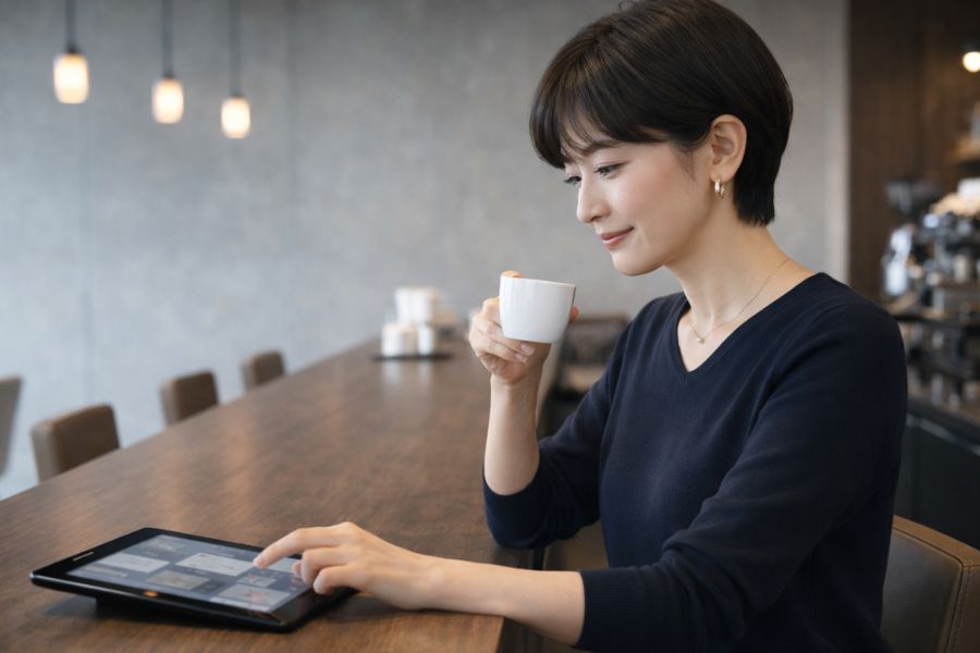 カフェのカウンター席でタブレットを見るショートカットの女性