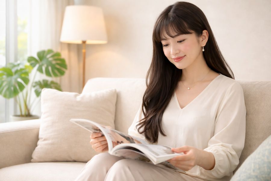 リビングのソファで美容雑誌を読むロングヘアの女性