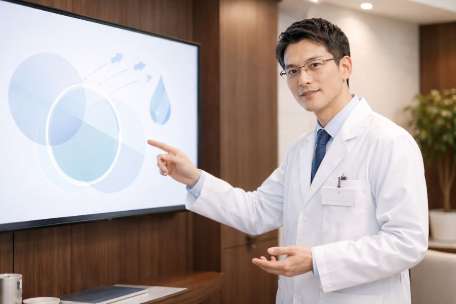 モニターの前で解説する男性医師
