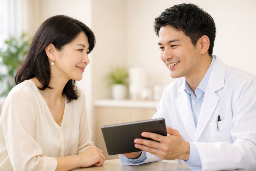 カウンセリングルームで若い男性医師の説明を聞くロングヘアの女性患者