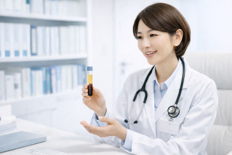 皮膚模型を手に説明する女性医師