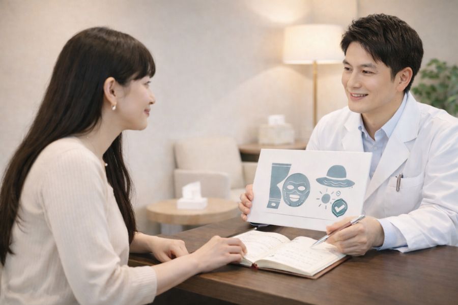 カウンセリングルームで白髪の男性医師から説明を受けるロングヘアの女性患者