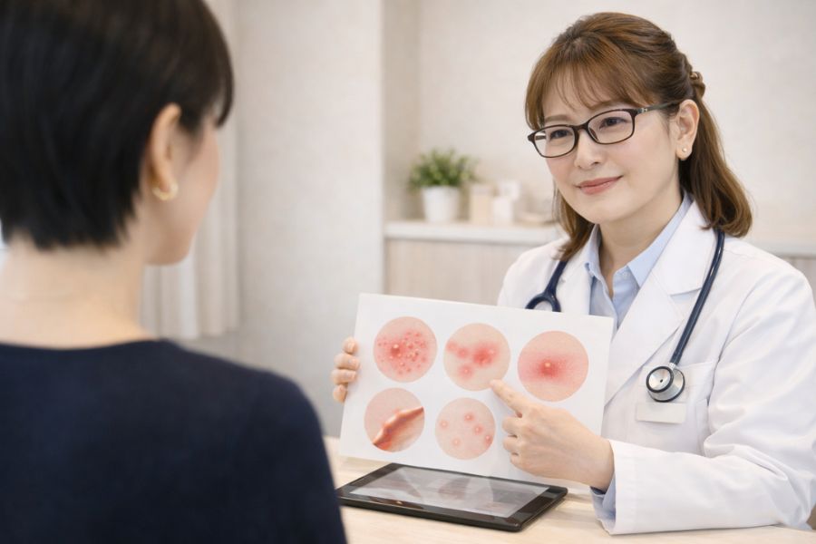 肩越しに女性医師から説明を受けるショートカットの女性患者