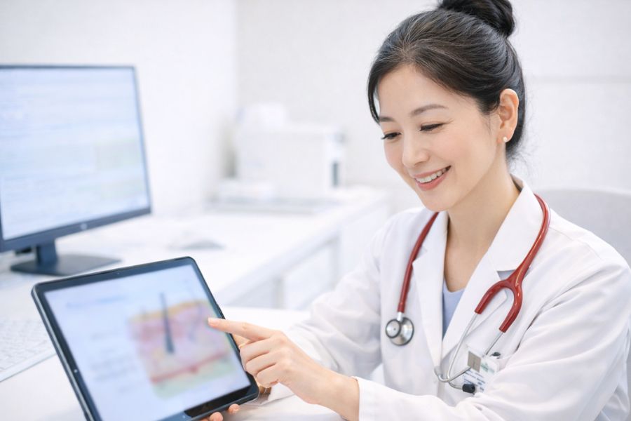 PRP治療の皮膚再生メカニズムを説明する女性医師