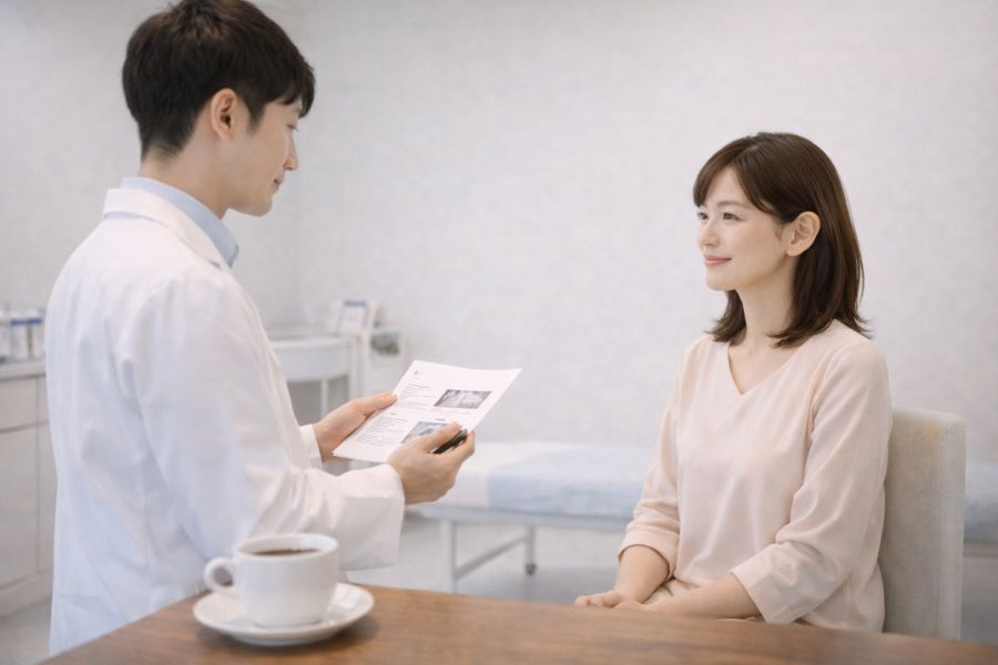 医師からPRP治療について説明を受ける女性