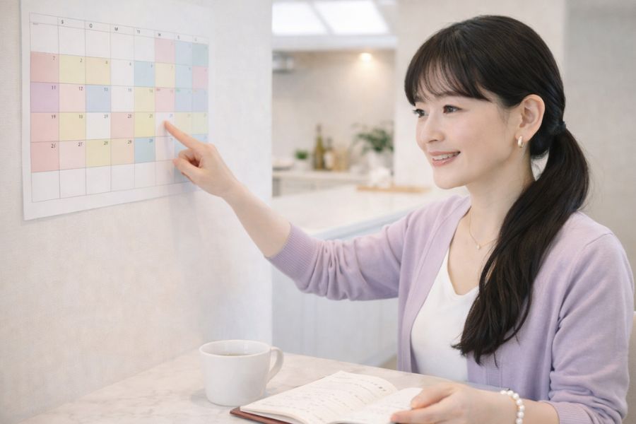 キッチンカウンターでカレンダーを見ながらスケジュールを確認するロングヘアの女性