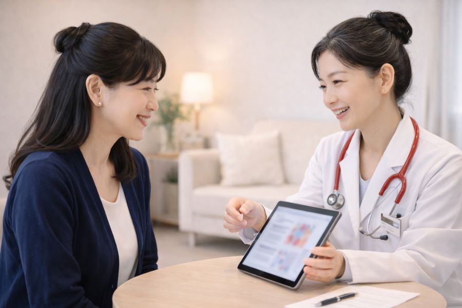 PRP治療の適応について患者とカウンセリングする女性医師