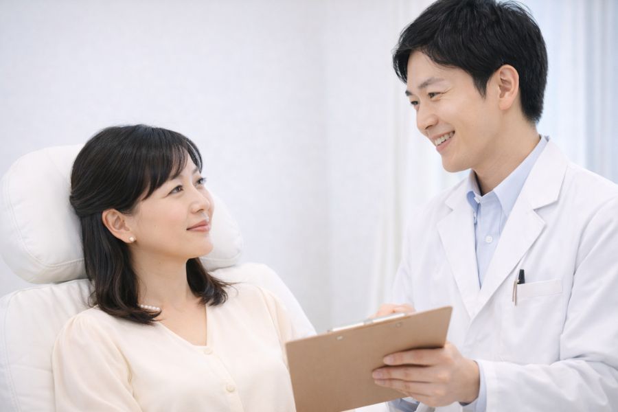 PRP治療の施術の流れを患者に説明する男性医師