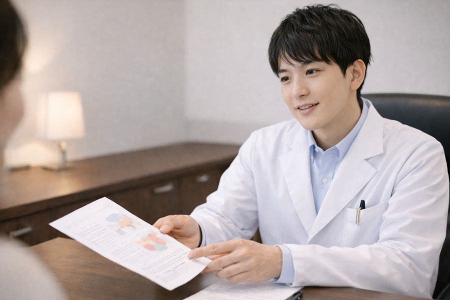 PRP治療のリスクと副作用について説明する男性医師