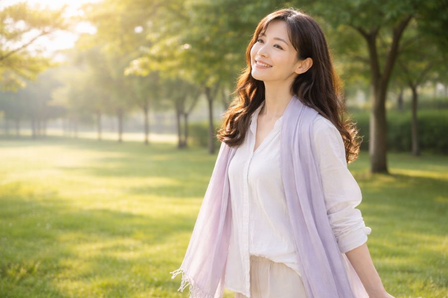 朝の公園で前向きに微笑む女性の全身ショット